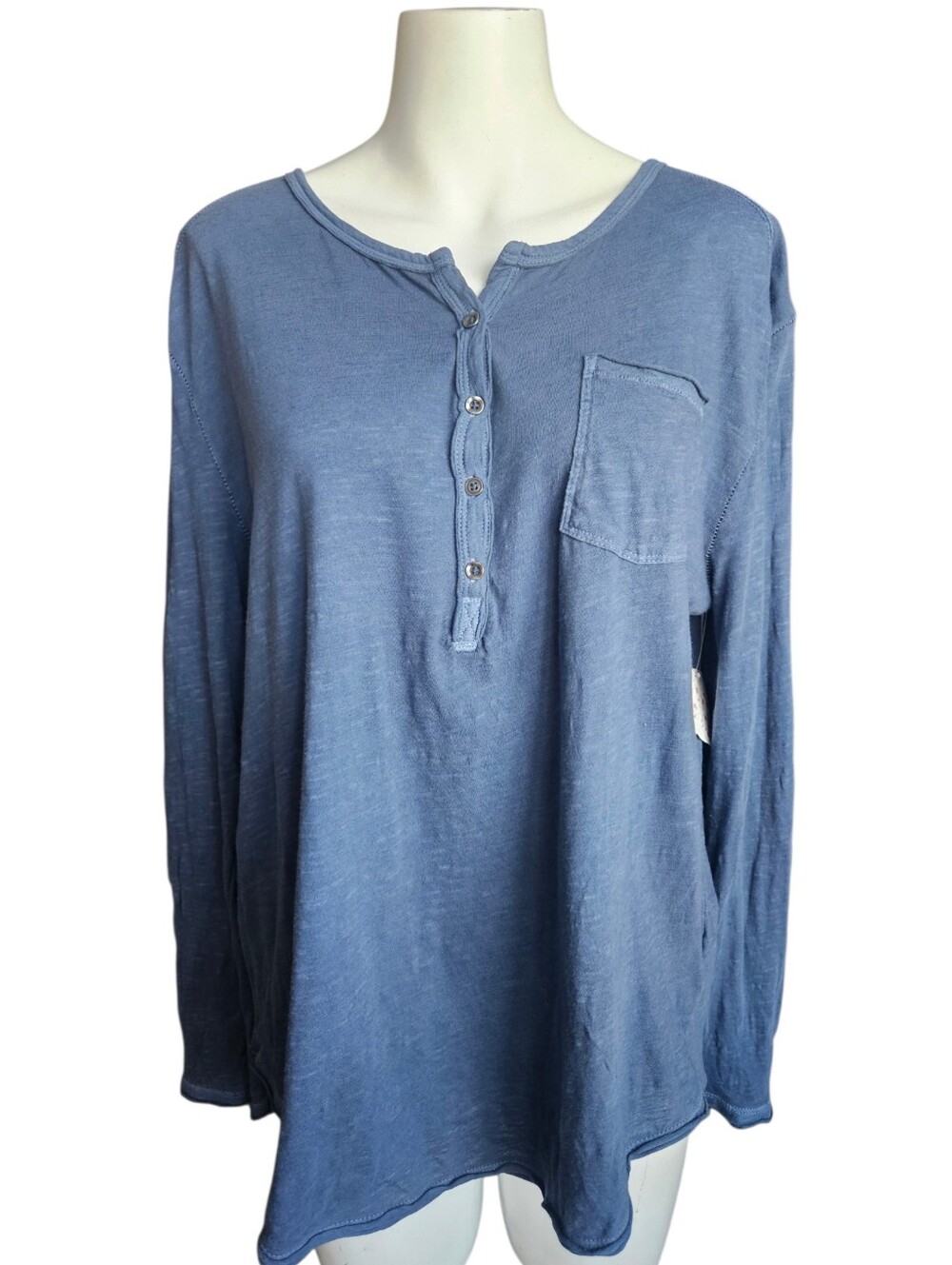We The Free Oversized Blue Long Sleeve Cotton Henley Top Sz XS Fall Casual Thin